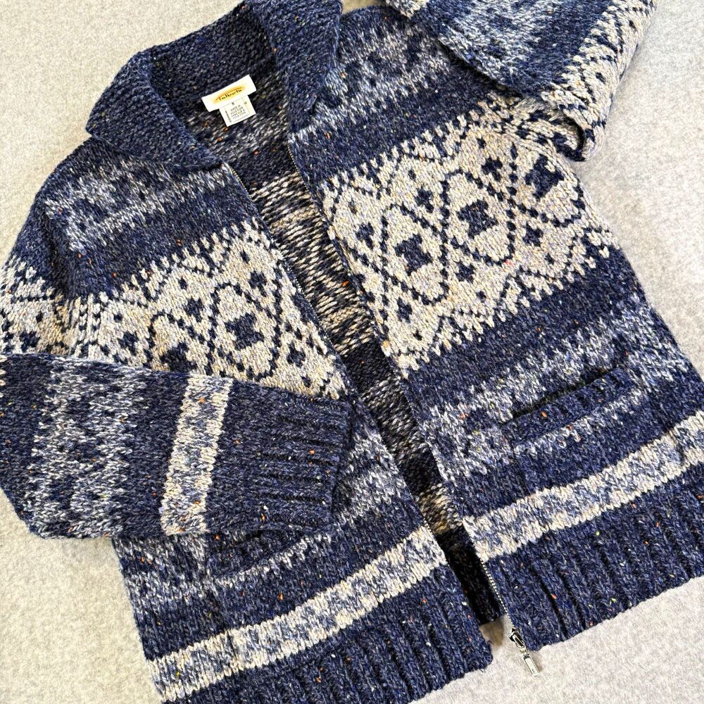 Talbots Vintage Fair Isle Full Zip Cardigan Sweater Blue Knit Heavy Wool Blend S